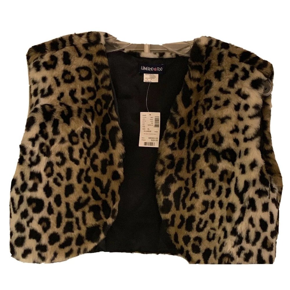 Limited Too Animal Print Faux Fur Open Front Cropped Vest Jacket Girls Sz XL